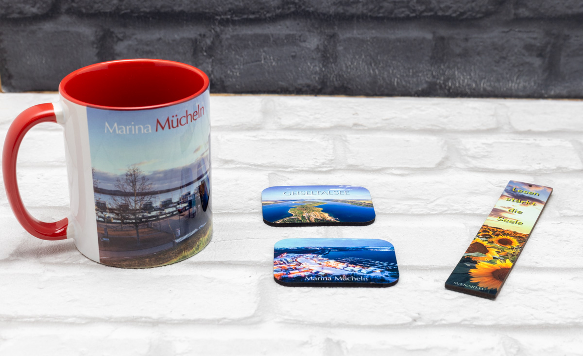 sublimierte Tasse, Magnete und Lesezeichen