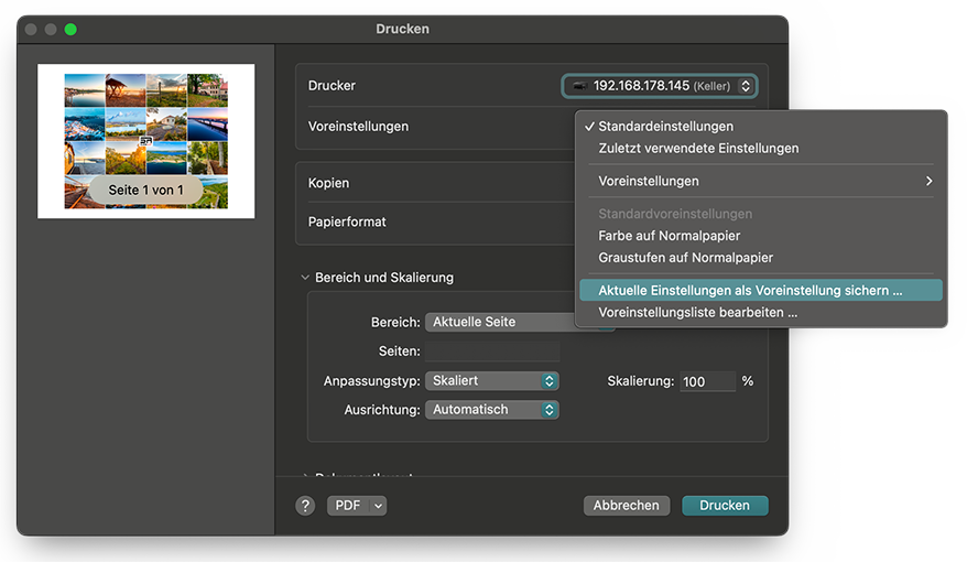Einstellungen als Voreinstellungen speichern